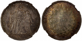 FRANCE: Second Republic, AR 5 francs, 1848-A, KM-756.1, Gad-683, a superb toned example! NGC graded MS65.
Estimate: $550-650