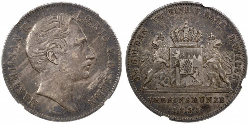 BAVARIA: Maximilian II, 1848-1864, AR 2 thaler, 1854, KM-837, NGC graded EF45.
...