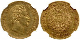 BAVARIA: Ludwig II, 1864-1886, AV 10 mark, 1877-D, KM-503, NGC graded AU55.
Estimate: $260-350