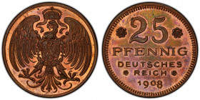 GERMANY: Kaiserreich, AE 25 pfennig, 1908-D, Schaaf-18G27, pattern in copper, PCGS graded Proof 64 RB.
Estimate: $150-250