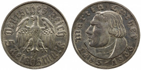GERMANY: Third Reich, AR 5 reichsmark, 1933-G, KM-80, J-353, Martin Luther, key date with mintage of only 12,000, with much mint luster, a few light s...
