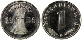 GERMANY: Third Reich, 1 reichspfennig, 1936-D, KM-Pn375 var, N-281243, Schaaf-361var, pattern struck in nickel-plated iron, Unc, RR. In 1936, Germany ...