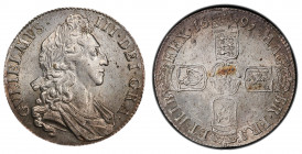 GREAT BRITAIN: William III, 1694-1702, AR crown, 1695, KM-486, S-3470, SEPTIMO on edge variety, an attractive bold strike mint state example with bril...