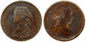 GREAT BRITAIN: Victoria, 1837-1901, AE halfpenny, 1860, KM-748, Spink-3956, full obverse brockage, obverse 1 with beaded border, very attractive, EF....