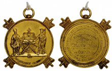 GREAT BRITAIN: AV medal (34.48g), 1902, 0.9238 AGW, 46mm 20kt gold award medal of the Highland Society of London for bagpiping, arms of the Society wi...