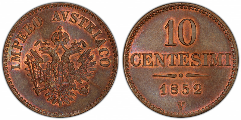 LOMBARDY-VENETIA: Franz Joseph II, 1848-1866, AE 10 centesimi, 1852-V, Cr-32, a ...