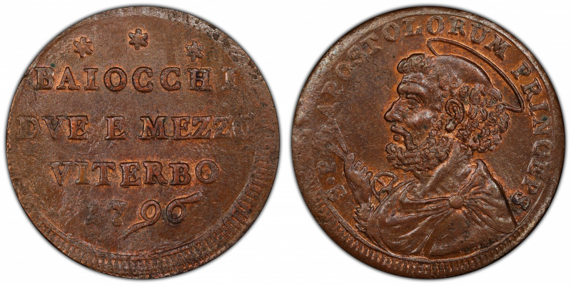 PAPAL STATES: Pius VI, 1775-1799, AE 2½ baiocchi, Viterbo, 1796, KM-2, a lovely ...