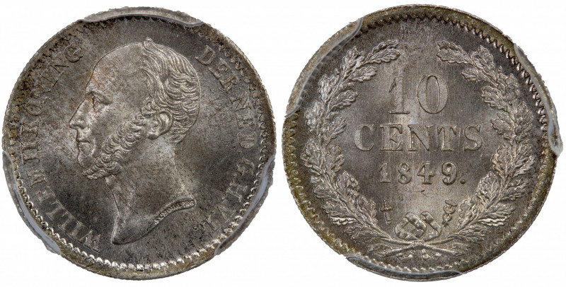 NETHERLANDS: Willem II, 1840-1849, AR 10 cents, 1848, KM-75, with dot behind the...