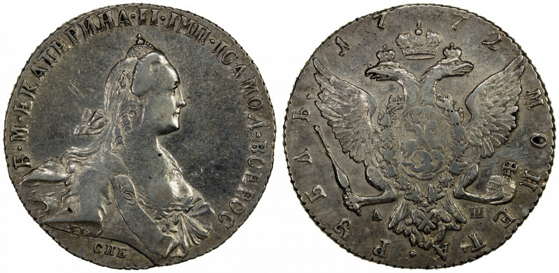 RUSSIA: Catherine II (The Great), 1762-1796, AR rouble, 1772, Cr-67a.2, Dav-1684...