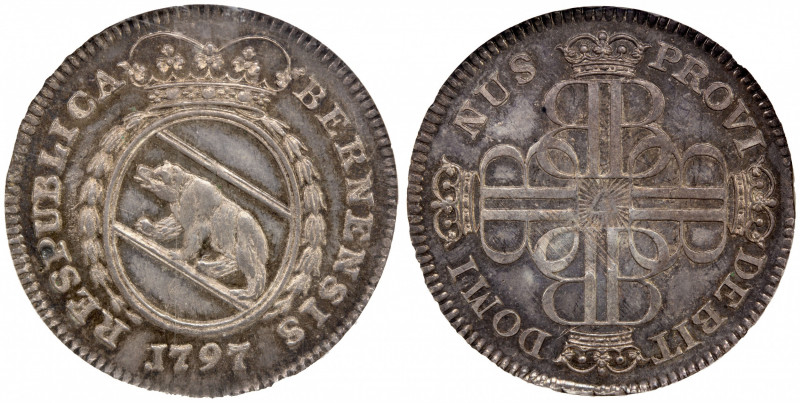 SWISS CANTONS: BERN: Republic, AR ¼ thaler, 1797, KM-1060, small date variety, a...