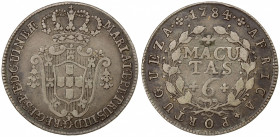 ANGOLA: Maria I and Pedro III, 1777-1786, AR 6 macutas, 1784, KM-26, Cr-20, one-year type, a couple tiny rim taps, mintage of only 10,000 pieces, Fine...