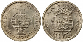 ANGOLA: Portuguese Colony, 5 escudos, 1974, KM-81, two-year type; this date not released for circulation, lightly toned, Unc.
Estimate: $200-300