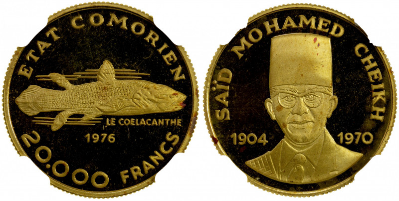 COMOROS: AV 20,000 francs, KM-12, coelecanth fish // facing bust of Saïd Mohamed...