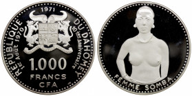 DAHOMEY: Republic, AR 1000 francs, 1971, KM-4.1, 56mm, 10th Anniversary of Independence - Somba Woman, Proof.
Estimate: $150-250