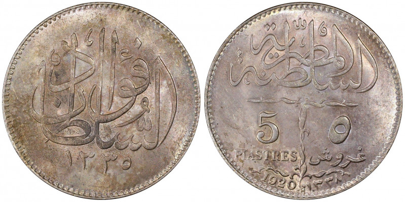 EGYPT: Fuad I, as sultan, 1917-1922, AR 5 piastres, 1920/AH1338-H, KM-326, delig...