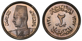 EGYPT: Farouk, 1936-1952, CN 2 milliemes, 1938/AH1357, KM-359, gorgeous strike with a touch of lovely bluish and rosy toning, PCGS graded Specimen 67....