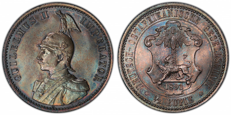 GERMAN EAST AFRICA: Wilhelm II, 1891-1918, AR ½ rupie, 1891, KM-4, a superb blui...