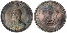 GERMAN EAST AFRICA: Wilhelm II, 1891-1918, AR ½ rupie, 1891, KM-4, a superb bluish-toned example! PCGS graded MS65.
Estimate: $200-300