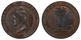 LIBERIA: Republic, AE cent, 1847, KM-1, a wonderful quality proof example! PCGS graded Proof 64 BN.
Estimate: $150-250