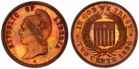 LIBERIA: Republic, AE 2 cents, 1890, KM-XPn6, pattern, a wonderful red and brown lustrous example! PCGS graded Specimen 64 RB.
Estimate: $150-250