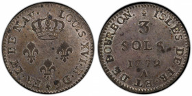 MAURITIUS: French Colony, BI 3 sols, 1779-A, KM-1, Lec-6, two-year type, traces of original mint luster, PCGS graded AU58. The Isle de France was the ...