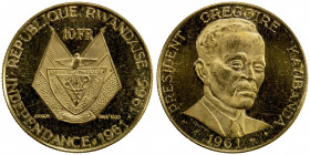 RWANDA: Republic, AV 10 francs, 1965, KM-1, Fr-4, AGW 0.0868 oz, one-year type, authorized mintage of only 10,000 pieces, Proof, S.
Estimate: $160-22...