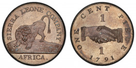 SIERRA LEONE: British Colony, bronzed AE 1 cent, 1791, KM-1, lion advancing slightly left, head facing // clasped hands; struck at the Soho mint in Bi...