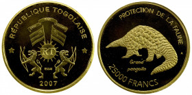 TOGO: Republic, AV 25,000 francs, 2007, AGW 0.2653 oz, Grand Pangolin, essai issue, mintage of only 30 pieces, Choice Proof, RR.
Estimate: $500-600