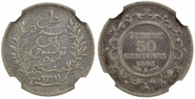 TUNISIA: Ali Bey, 1882-1902, AR 50 centimes, 1893//AH1311-A, KM-223, mintage of 1,000; cleaned; the sole graded example, NGC graded EF, R.
Estimate: ...