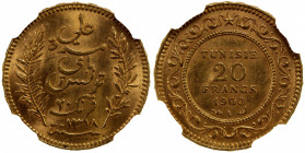 TUNISIA: Ali Bey, 1882-1902, AV 20 francs, 1900//AH1318-A, KM-227, NGC graded MS63.
Estimate: $450-600