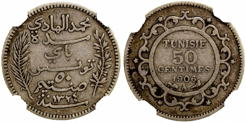 TUNISIA: Muhammad al-Hadi, 1902-1906, AR 50 centimes, 1906//AH1324-A, KM-230, mi...