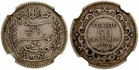 TUNISIA: Muhammad al-Hadi, 1902-1906, AR 50 centimes, 1906//AH1324-A, KM-230, mintage of 1,003 pieces; the sole graded example, NGC graded VF35, RR.
...