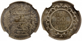 TUNISIA: Muhammad al-Nasir Bey, 1906-1922, AR 50 centimes, 1918//AH1337-A, KM-237, mintage of 1,003 pieces; the sole graded example, fantastic quality...