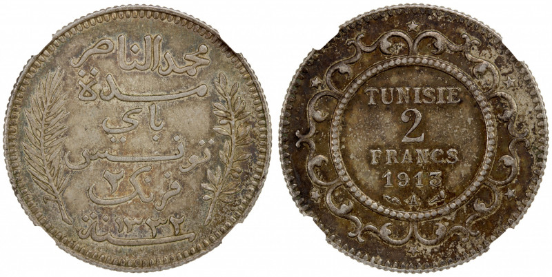 TUNISIA: Muhammad al-Nasir Bey, 1906-1922, AR 2 francs, 1913//AH1332-A, KM-239, ...