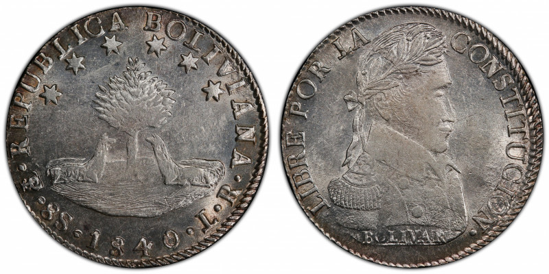 BOLIVIA: Republic, AR 8 soles, 1840-PTS, KM-97, assayer LR, a lustrous nearly mi...