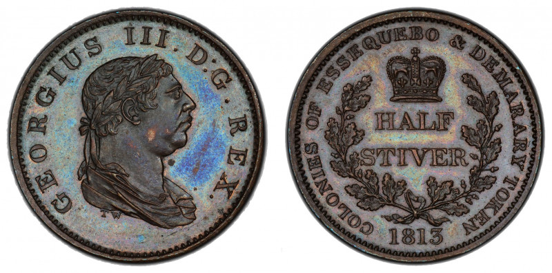 ESSEQUIBO AND DEMERARY: George III, 1760-1820, AE ½ stiver, 1813, KM-9, a wonder...