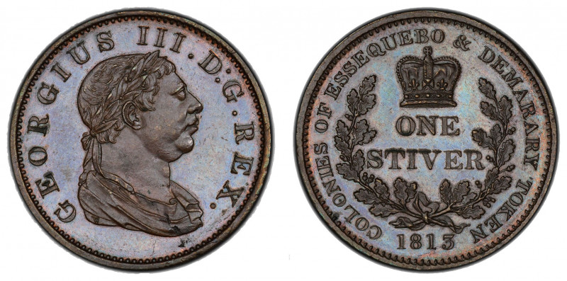 ESSEQUIBO AND DEMERARY: George III, 1760-1820, AE stiver, 1813, KM-10, a wonderf...