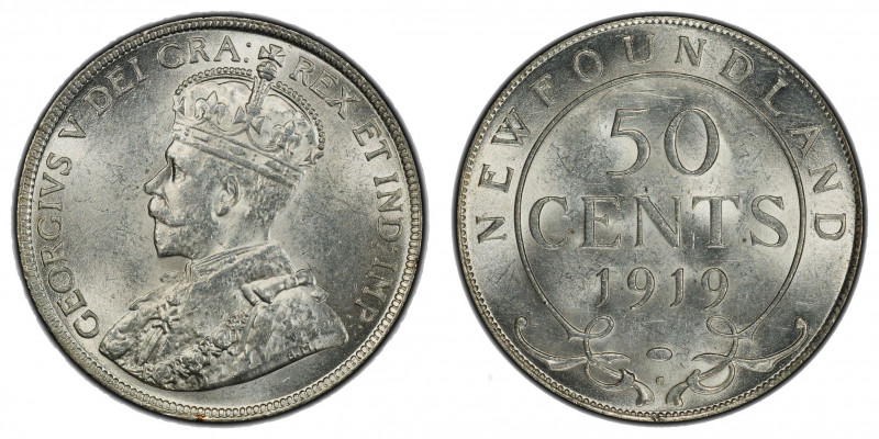 NEWFOUNDLAND: George V, 1910-1936, AR 50 cents, 1919-C, KM-12, a lovely lustrous...