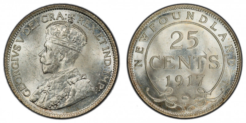 NEWFOUNDLAND: George V, 1910-1936, AR 25 cents, 1917-C, KM-17, a wonderful mint ...