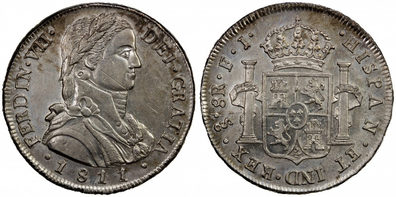 CHILE: Fernando VII, 1808-1818, AE 8 reales, 1811, KM-75, El-68, assayer FJ, ima...