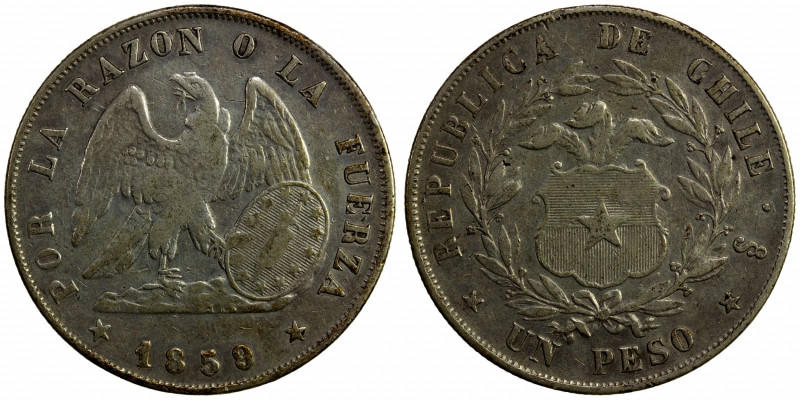 CHILE: Republic, AR peso, 1859/8, KM-129, a few insignificant scratches and mark...