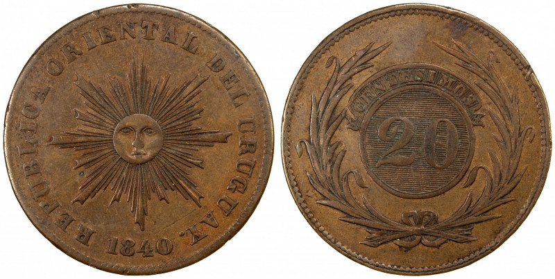 URUGUAY: Republic, AE 20 centesimos, 1840, KM-2.1, Y-2, well struck and attracti...