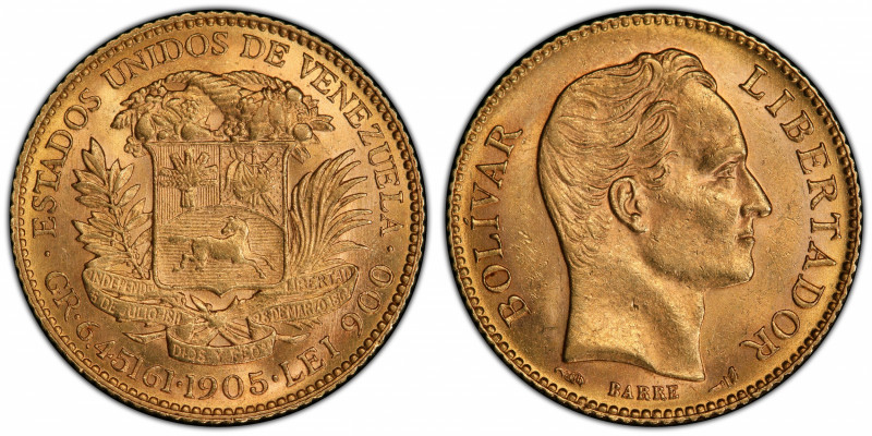 VENEZUELA: Republic, AV 20 bolivares, 1905, Y-32, struck at the Paris Mint, an a...