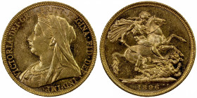 AUSTRALIA: Victoria, 1837-1901, AV sovereign, 1896-M, KM-13, Fr-24, AGW 0.2355 oz, lustrous, Choice EF.
Estimate: $425-525