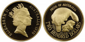 AUSTRALIA: Elizabeth II, 1952-, AV 200 dollars, 1990, KM-135, Fr-50, AGW 0.2948 oz, Platypus, Gem Proof.
Estimate: $525-625