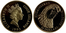 COOK ISLANDS: Elizabeth II, 1952-, AV 50 dollars, 1993, KM-472, Fr-53b, AGW 0.1434 oz, Kakapo-Endangered Wildlife Series, Choice Proof, RR.
Estimate:...
