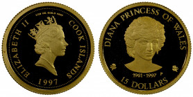 COOK ISLANDS: Elizabeth II, 1952-, AV 15 dollars (3.13g), 1997, AGW 0.1005 oz, Diana, Princess of Wales, unlisted in KM, Friedberg, and Schön, Choice ...