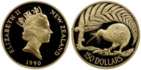 NEW ZEALAND: Elizabeth II, 1952-, AV 150 dollars, 1990, KM-77, Fr-1, AGW 0.4997, Kiwi, Choice Proof.
Estimate: $900-1100