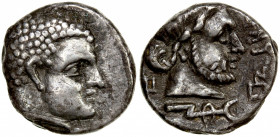 QATABAN: Unknown ruler, 2nd/1st century BC, AR unit (1.80g), Huth-363/367, male head with curly hair // bearded male head, monogram ThNR below, attrac...