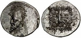 PARTHIAN KINGDOM: Gotarzes I, c. 90-80 BC, AR drachm (4.06g), Shore-110, wearing tiara with horn in center, stags on top // 5-line legend, bold strike...